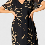 Vestido Negro Allegra con Estampado Abstracto en Dorado y Escote en V