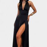 Vestido Latisha con Cuello Halter y Alta Abertura