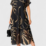 Vestido Negro Allegra con Estampado Abstracto en Dorado y Escote en V