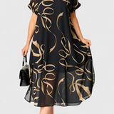 Vestido Negro Allegra con Estampado Abstracto en Dorado y Escote en V