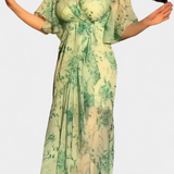 Vestido Sima Impreso Cruzado con Escote en V y Mangas Acampanadas