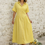 Vestido Camisa Midi de Color Sólido con Cuello de Solapa, Plisado y Botones de Manga Corta Suelta