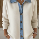 Cárdigan de punto con cuello tipo polo y parches de denim, con botones