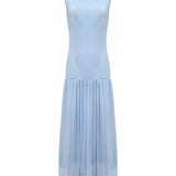 Vestidos de Noche Maxi Sin Mangas de Gasa Plisada de Color Sólido con Cuello Barco