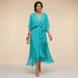 Vestido Midi Mujer Elegante Fluido – Escote V y Cintura Ajustable