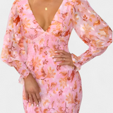 Vestido Midi Floral Carly con Cintura Fruncida y Mangas Abullonadas