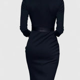 Vestido negro refinado Adriana con cinturón y cuello mandarín