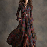Giulia - Vestido largo de cuadros marrón rojizo con cuello y estilo étnico retro