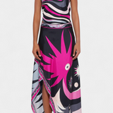 Conjunto Ciana de Satén con Falda Abstracta y Top Halter