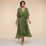 Vestido Midi Mujer Elegante Fluido – Escote V y Cintura Ajustable