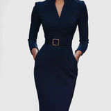 Vestido negro refinado Adriana con cinturón y cuello mandarín