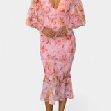 Vestido Midi Floral Carly con Cintura Fruncida y Mangas Abullonadas