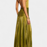 Vestido Halter Metálico Emma con Espalda Abierta y Alta Abertura