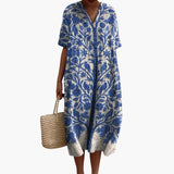 Vestido Midi de Mujer con Escote en V, Mangas Cortas y Estampado Floral