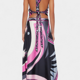 Conjunto Ciana de Satén con Falda Abstracta y Top Halter