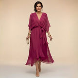 Vestido Midi Mujer Elegante Fluido – Escote V y Cintura Ajustable