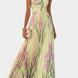 Vestido Calanthe Largo Plisado con Estampado Floral y Escote Cuadrado