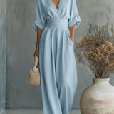Mono mujer elegante escote V – mono pantalón ancho cintura alta