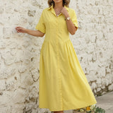 Vestido Camisa Midi de Color Sólido con Cuello de Solapa, Plisado y Botones de Manga Corta Suelta