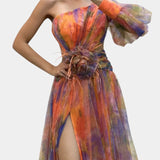 Vestido Maxi Asimétrico de Un Hombro Amelie con Estampado Artístico