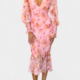 Vestido Midi Floral Carly con Cintura Fruncida y Mangas Abullonadas