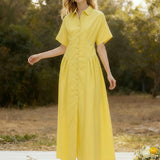 Vestido Camisa Midi de Color Sólido con Cuello de Solapa, Plisado y Botones de Manga Corta Suelta