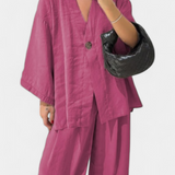 Conjunto de Top de Cuello en V Oversized Eli y Pantalones Rectos