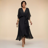 Vestido Midi Mujer Elegante Fluido – Escote V y Cintura Ajustable