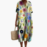 Vestido Midi Floral para Mujer con Escote en V y Mangas Cortas