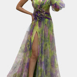 Vestido Maxi Asimétrico de Un Hombro Amelie con Estampado Artístico
