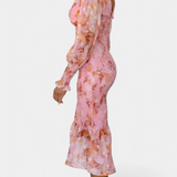 Vestido Midi Floral Carly con Cintura Fruncida y Mangas Abullonadas