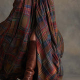 Giulia - Vestido largo de cuadros marrón rojizo con cuello y estilo étnico retro
