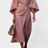 Vestido Midi Micaela con Mangas de Linterna y Cintura Ajustada