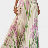 Vestido Calanthe Largo Plisado con Estampado Floral y Escote Cuadrado