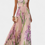 Vestido Calanthe Largo Plisado con Estampado Floral y Escote Cuadrado