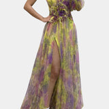 Vestido Maxi Asimétrico de Un Hombro Amelie con Estampado Artístico
