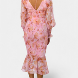 Vestido Midi Floral Carly con Cintura Fruncida y Mangas Abullonadas