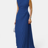 Vestidos Maxis de Cuello Mock Asimétrico con Pliegues y Cintura Alta Sin Mangas