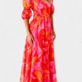 Vestido Maxi Essja con Mangas Abullonadas y Escote en V