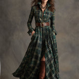 Giulia - Vestido largo de cuadros marrón rojizo con cuello y estilo étnico retro