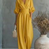 Mono mujer elegante escote V – mono pantalón ancho cintura alta
