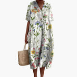 Vestido Midi Floral para Mujer con Escote en V y Mangas Cortas
