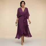 Vestido Midi Mujer Elegante Fluido – Escote V y Cintura Ajustable