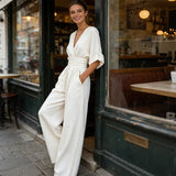 Mono mujer elegante escote V – mono pantalón ancho cintura alta