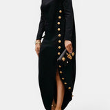 Vestidos Maxi de Cuello Mock con Botones Asimétricos y Lados Divididos de Mangas Largas y Sueltos