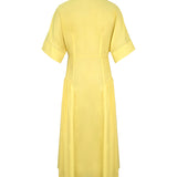 Vestido Camisa Midi de Color Sólido con Cuello de Solapa, Plisado y Botones de Manga Corta Suelta