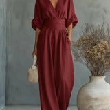 Mono mujer elegante escote V – mono pantalón ancho cintura alta
