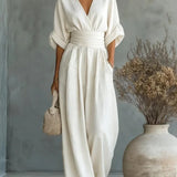 Mono mujer elegante escote V – mono pantalón ancho cintura alta