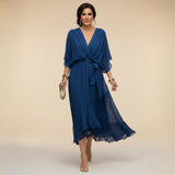 Vestido Midi Mujer Elegante Fluido – Escote V y Cintura Ajustable
