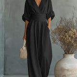 Mono mujer elegante escote V – mono pantalón ancho cintura alta